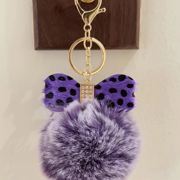 Purple Polka Dot Keychain with Pom Pom - Picture 1 of 1